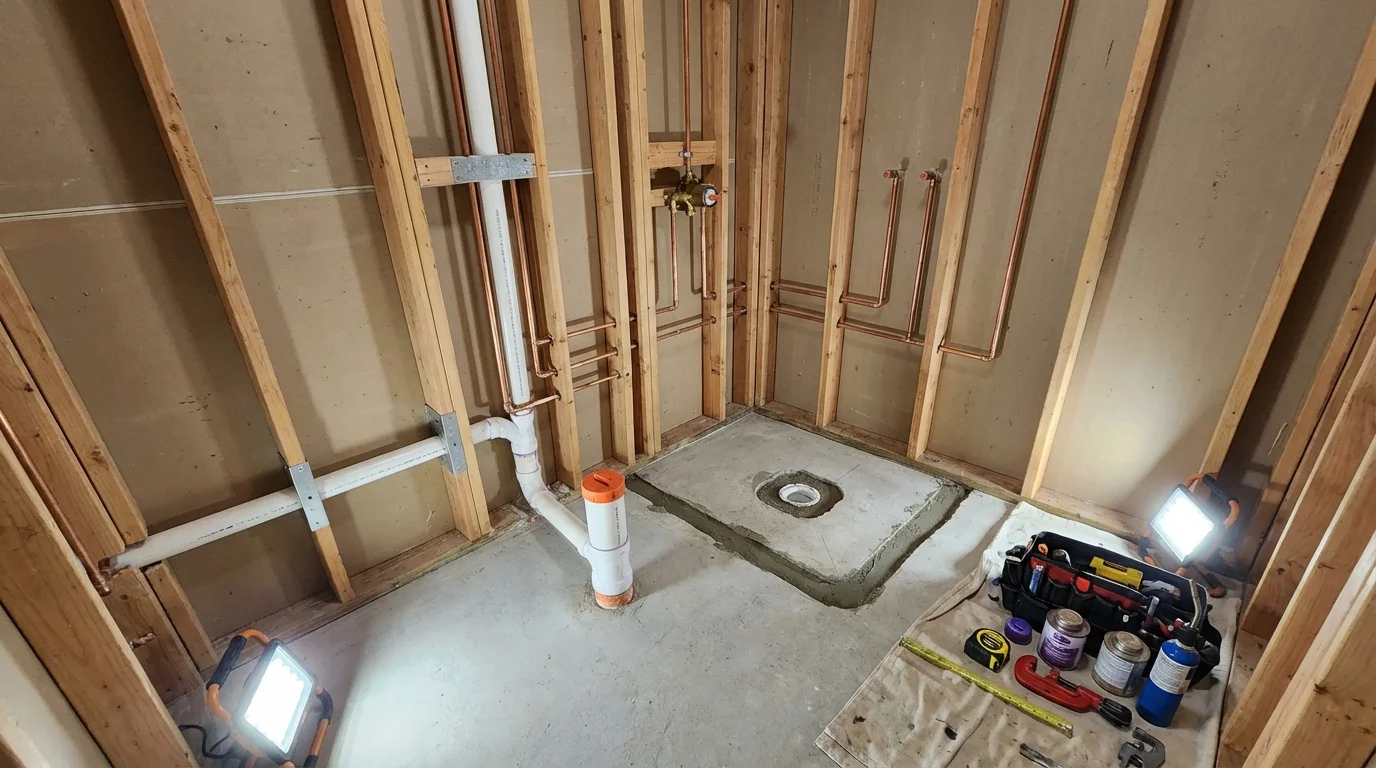 Bathroom rough-in plumbing during remodel by Johns Plumbing LLC in Pearlington