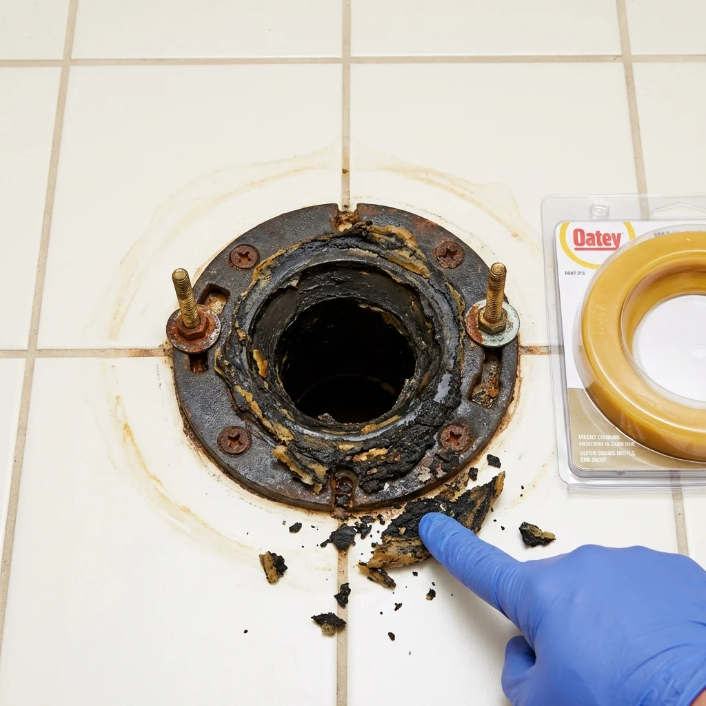 Failed wax ring showing water seepage at the base of a toilet in a Pearlington, MS home