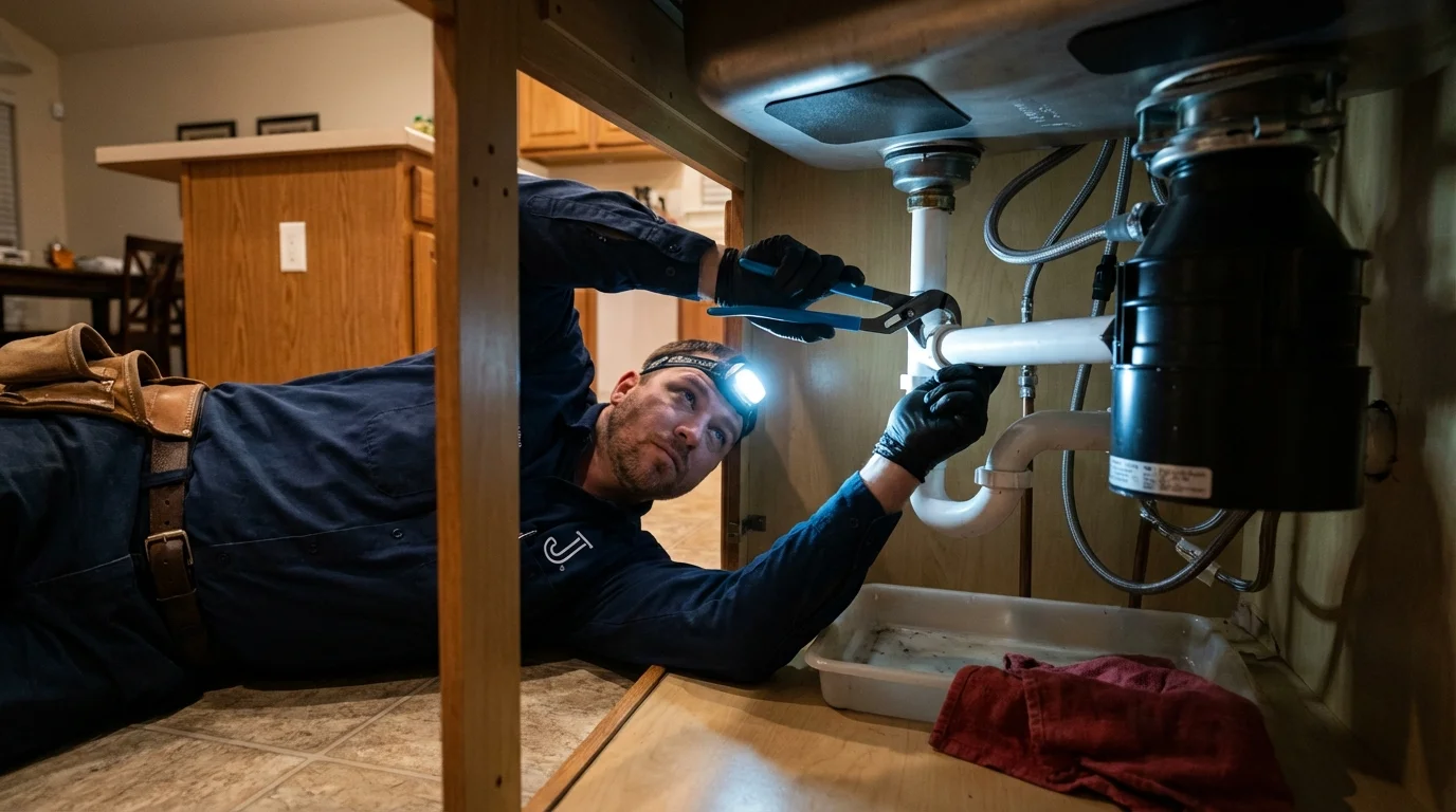 P-trap and supply line connections under a kitchen sink showing a common leak point in Pearlington, MS